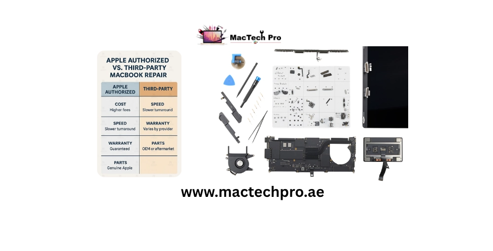 Genuine vs grade-A MacBook parts compared side by side — original-pull, OEM-quality and premium compatible options, MacTech Pro Dubai
