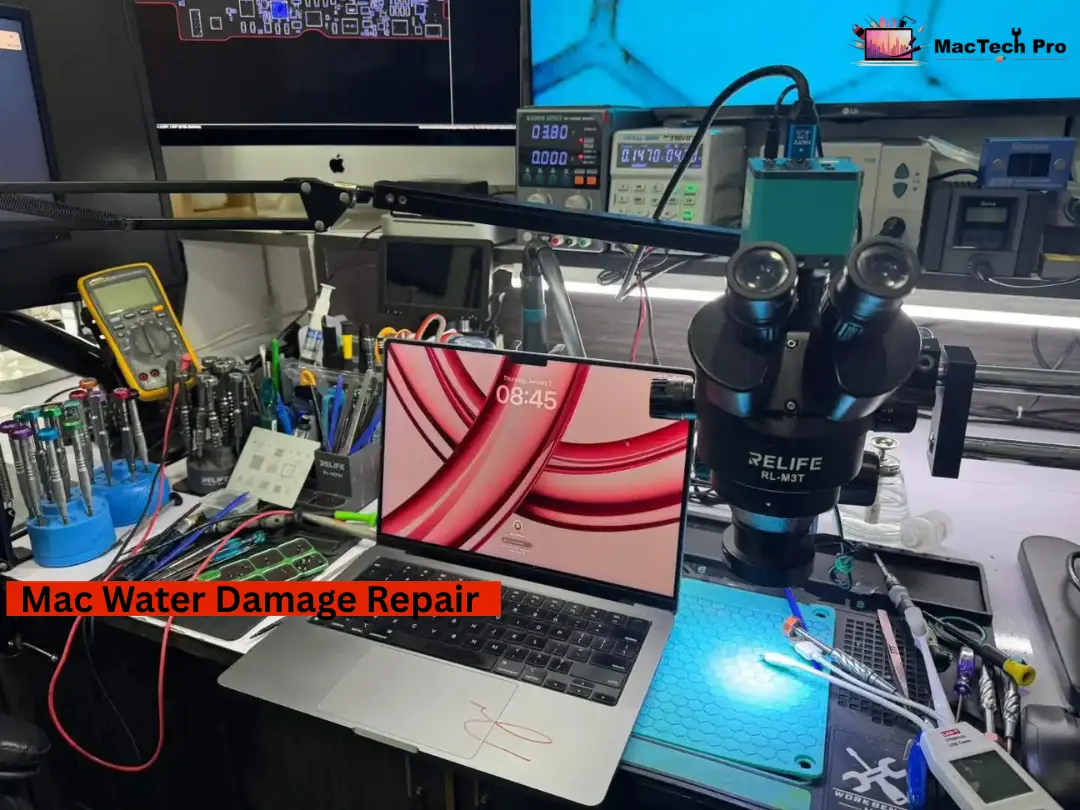 Corrosion mapped on a water-damaged MacBook logic board in Dubai by MacTech Pro