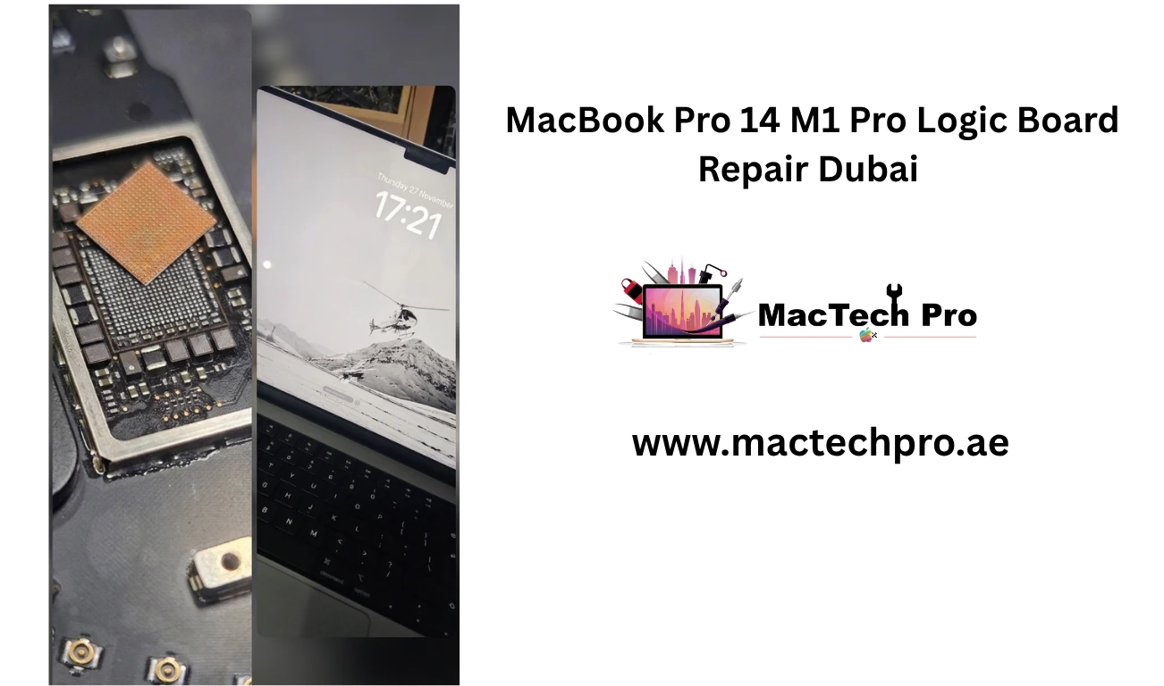 Liquid-damaged MacBook Pro 14-inch (A2442) M1 Pro logic board inspected under a microscope at MacTech Pro Dubai